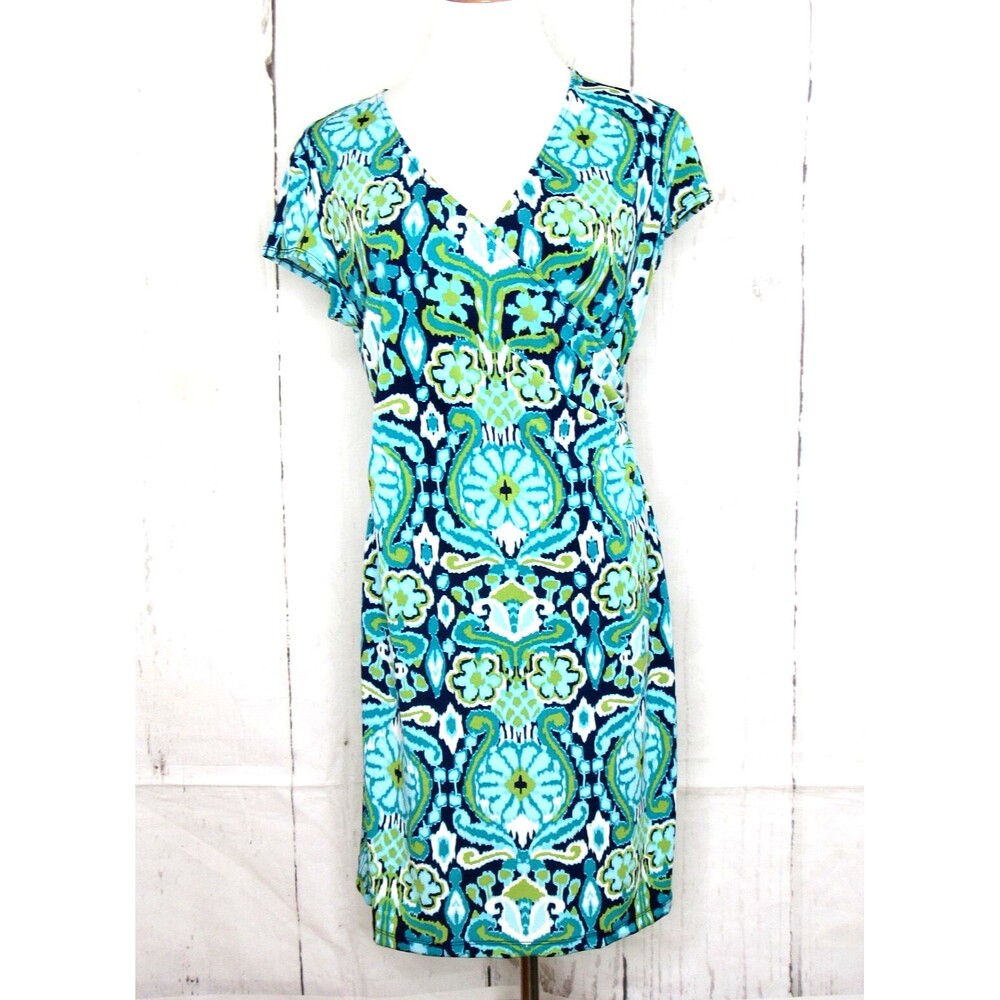 Jones New York Signature Faux Wrap Dress Short Sleeve Blue Green Floral Size PM